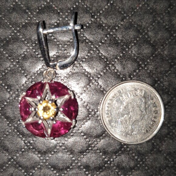 Vintage Genuine Natural Red Spinel & Citrine 925 Sterling Silver Dangle Earrings - Picture 7 of 13